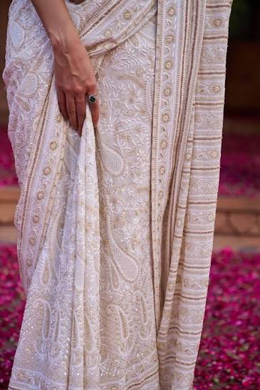 Ivory Chanderi Chikankari Saree